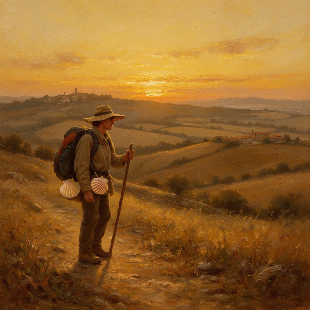Pilgrim walking the Camino at sunset
